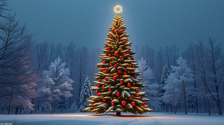 Christmas tree in the winter forest. 3d rendering. Computer digital drawing.の写真素材