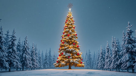 Christmas tree in the snowy forest. Christmas card. 3d renderingの写真素材