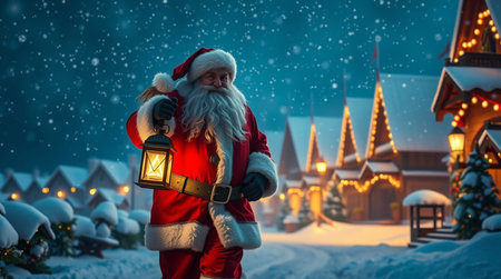 Santa Claus with a lantern in his hands on a background of the city.の写真素材