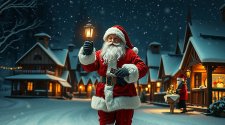 Santa Claus with a lantern in his hand on the background of a winter villageの写真素材