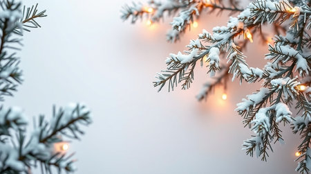 Christmas background with fir branches covered with snow, bokeh lightsの写真素材