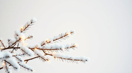 Christmas tree branch covered with snow and garland on a white backgroundの写真素材