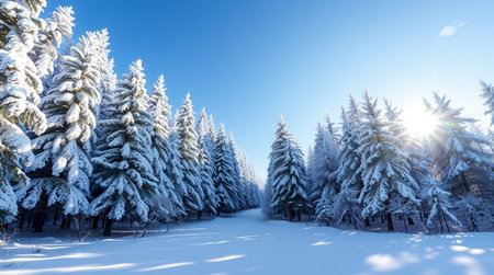 Beautiful winter landscape with snow covered fir trees and blue sky.の写真素材