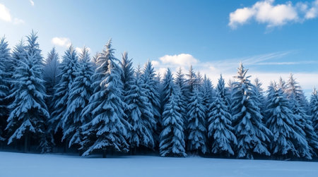 Frozen winter forest with snow covered trees. Panoramic view.の写真素材
