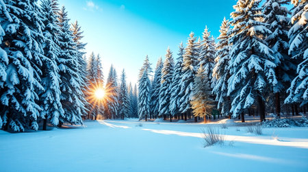 Beautiful winter landscape with snow covered trees and sun in the forestの写真素材