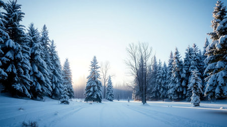Winter landscape with snow covered trees and road. Panoramic view.の写真素材