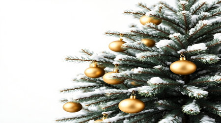 Christmas tree with golden balls on snow, closeup. Space for textの写真素材