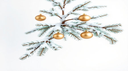 Christmas tree branch with golden baubles on white snow background.の写真素材
