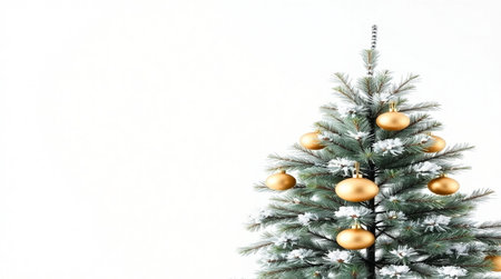 Christmas tree with golden baubles on white background with copy spaceの写真素材