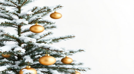 Christmas tree decorated with golden baubles and snow on white backgroundの写真素材