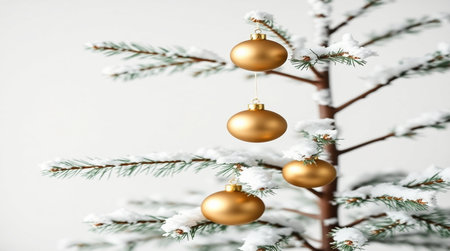 Christmas tree branch with golden baubles on snow, closeupの写真素材