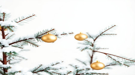 Christmas tree branches with gold balls on a white background. New Year concept.の写真素材