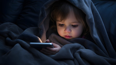 Child in hooded blanket using tablet in dark room with soft lighting.の素材