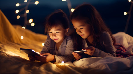 Two children using tablets in a cozy tent with fairy lights, sharing a moment of technology and togetherness at night.の素材