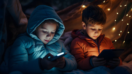 Two children engrossed in their gadgets with ambient fairy lights in the background, depicting modern childhood leisure.の素材