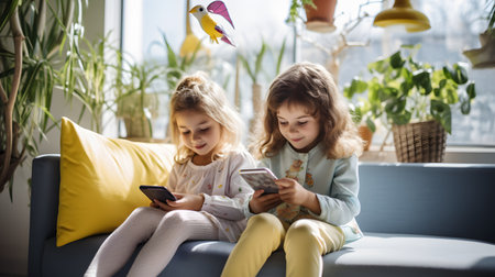 Two young girls in pajamas using tablets on a couch with a bright, cozy home background.の素材