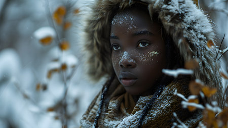 Young woman in winter clothing with a thoughtful expression in a snowy forest setting.の素材