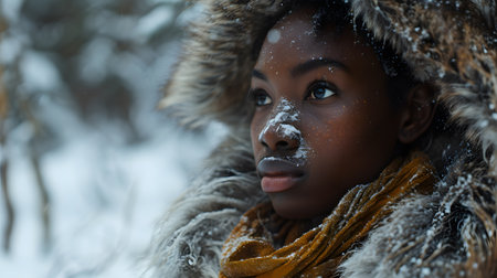 "Woman with fur hood gazing thoughtfully in snowy winter setting."の素材