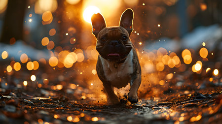 French Bulldog walking on a path with autumn leaves and bokeh lights in the background.の素材