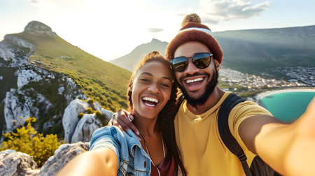 Couple taking a selfie on a mountain hike at sunset, with a scenic lake view in the background.の素材
