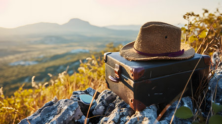 Vintage suitcase and hat on rocky terrain with scenic mountain view at sunset. Travel adventure concept.の素材