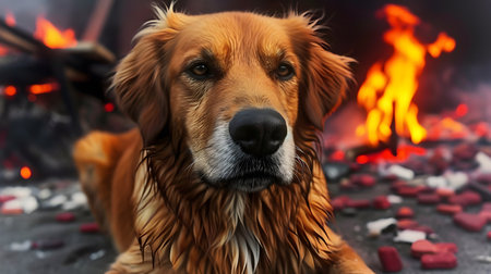 Golden retriever with a solemn expression sitting in front of a blazing fire and scattered debris.の素材
