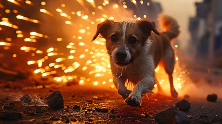 Alert dog amidst sparkling lights with a warm, blurred background.の素材
