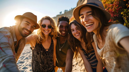 Group of diverse friends taking a selfie on a sunny beach day.の素材