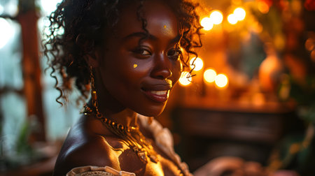 Young woman with curly hair smiling, warm bokeh lights in background. Intimate, cozy atmosphere.の素材