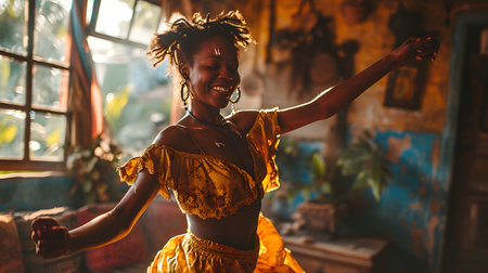 Joyful woman dancing in a vibrant room with warm sunlight filtering through the window.の素材