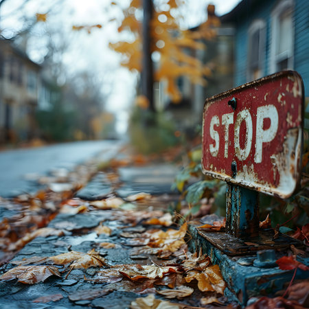 Rusty stop sign on a wet street covered with autumn leaves, with blurred residential background.の素材