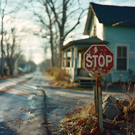 Rustic stop sign on a quiet street with a vintage blue house and bare trees in the background, conveying a serene suburban atmosphere.の素材