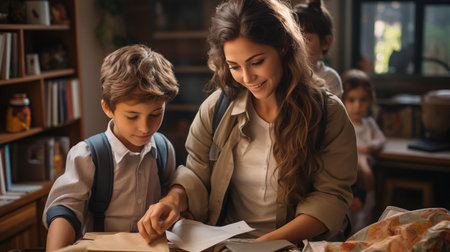Mom support child to wear backpack bag in wooden kitchen talking nag to little girl after breakfast time leaving home to studyの素材