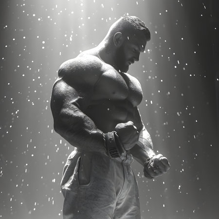Monochrome image of a muscular man in a contemplative pose with dramatic lighting and a rain effect.の素材