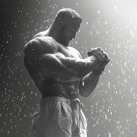 Monochrome image of a muscular man in a contemplative pose with dramatic lighting and a rain effect.の素材