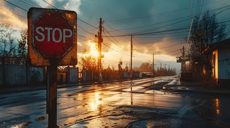 Stop sign on a wet street at sunset with dramatic clouds and sunbeams.の素材