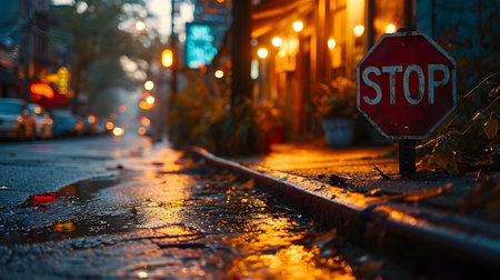 Rainy city street at dusk with a stop sign, wet pavement, and glowing lights.の素材