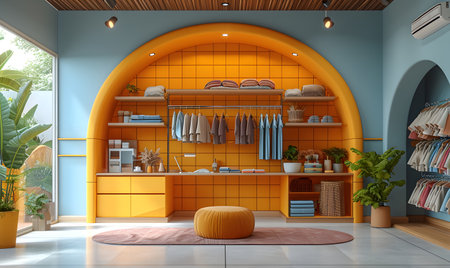 Modern cozy interior of a home office with a yellow shelving unit, desk, and stylish decor.の素材