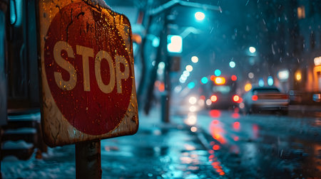 Stop sign on a rainy night with street lights and a car in the background.の素材