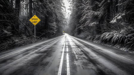 Wet road through a misty forest with a yellow speed limit sign on the side. Black and white image with selective color.の素材