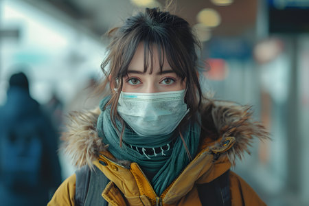 Young woman with a mask in a winter coat at a public place, depicting pandemic lifestyle.の素材