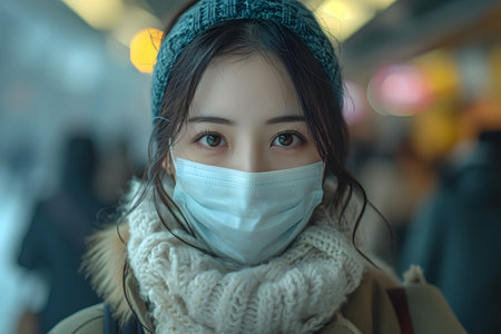 Portrait of a young woman wearing a mask and winter clothes, with a blurred city background.の素材