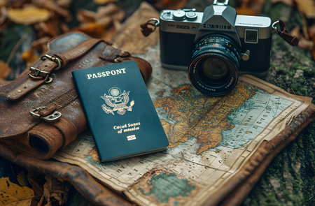 Vintage camera and US passport on a map, travel photography concept.の素材