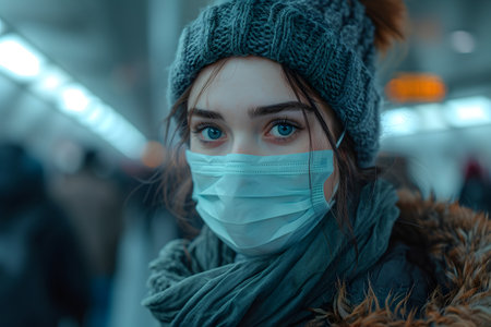 Young woman wearing a mask and winter clothing in a public setting.の素材