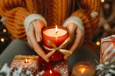 Person in a cozy sweater holding a lit red candle, with festive decorations and warm lights in the background.の素材