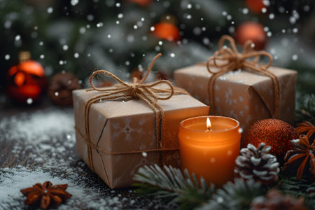 Christmas gifts wrapped in brown paper with twine, candle, and festive decorations on a snowy background.の素材