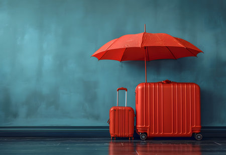 Red suitcase and matching umbrella against a blue wall, depicting travel or protection concept.の素材