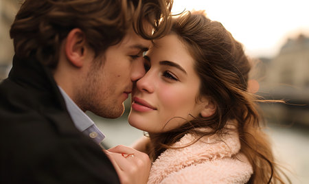 Beautiful young couple expressing their feelings on the streetの素材