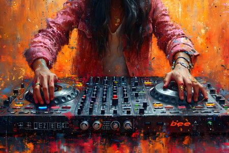 Female DJ mixing tracks on a colorful console with vibrant abstract background.の素材