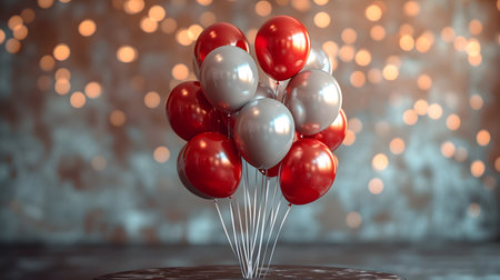 Red and white balloons with a bokeh background.の素材